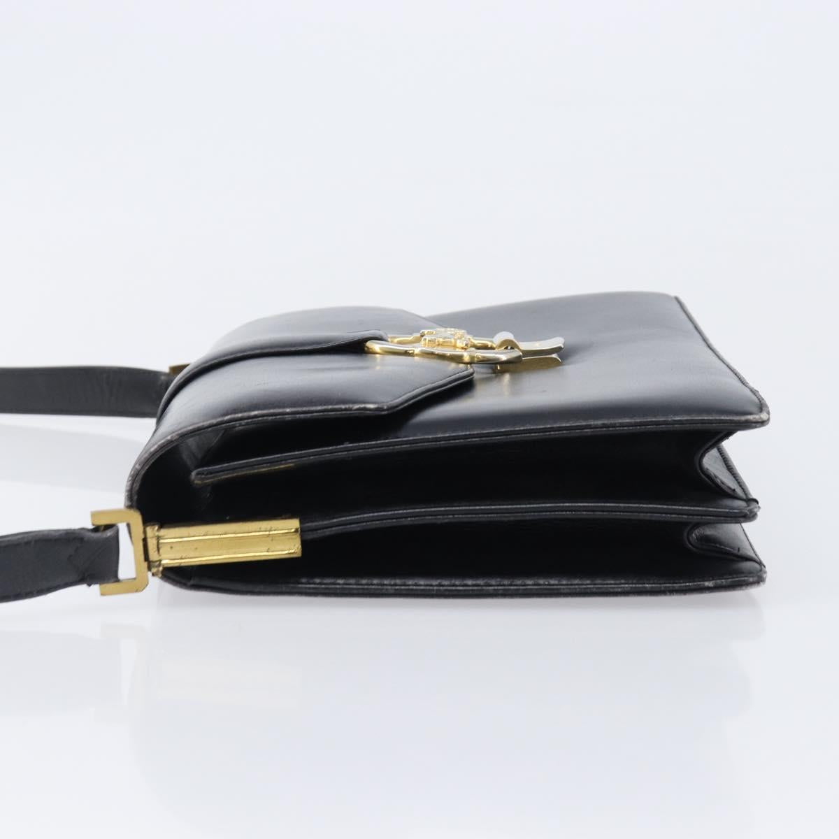 CELINE Horse Carriage Shoulder Bag Leather Black Gold Tone Auth 204631