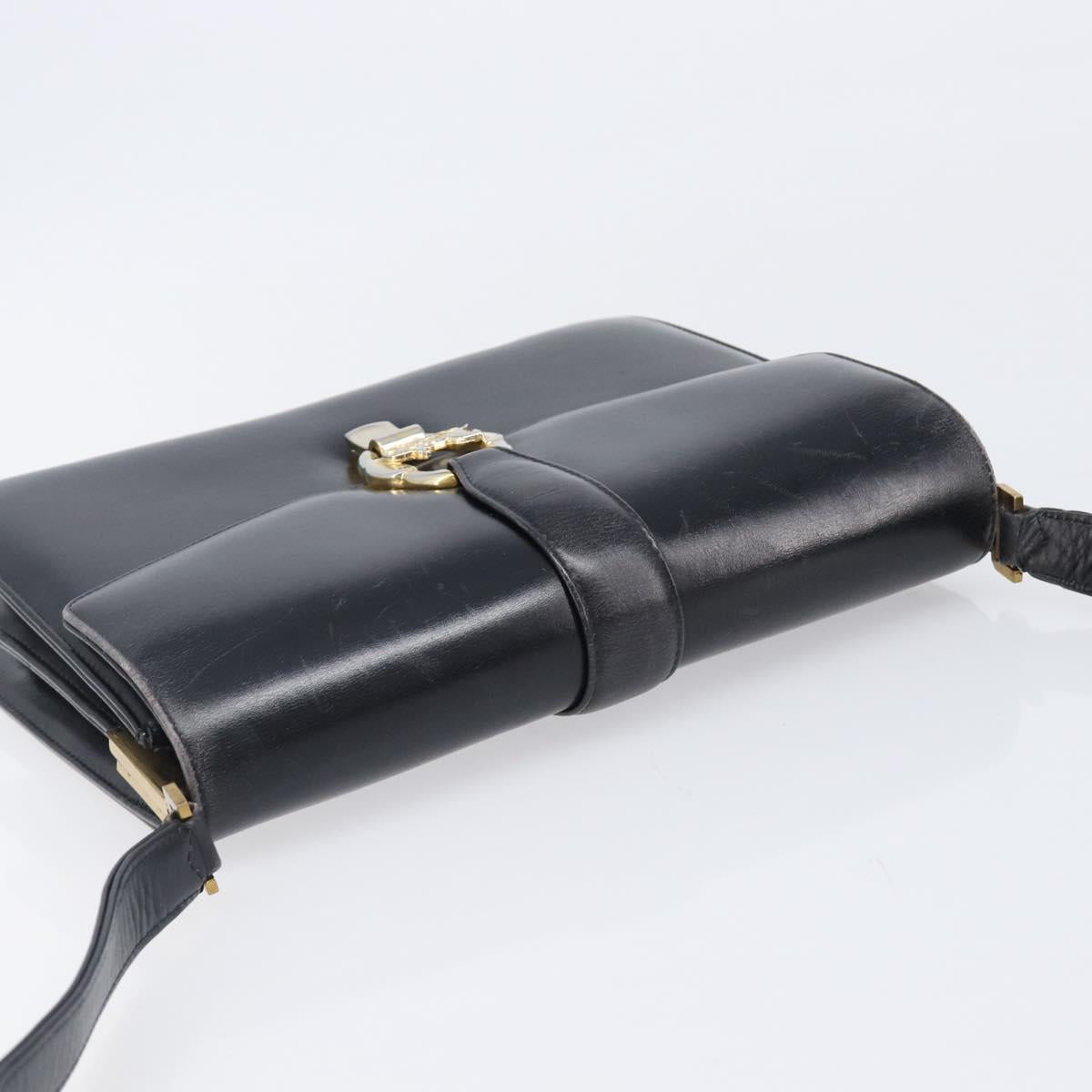CELINE Horse Carriage Shoulder Bag Leather Black Gold Tone Auth 204631