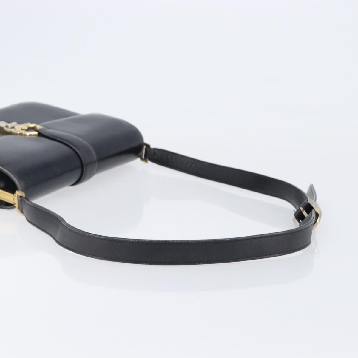 CELINE Horse Carriage Shoulder Bag Leather Black Gold Tone Auth 204631