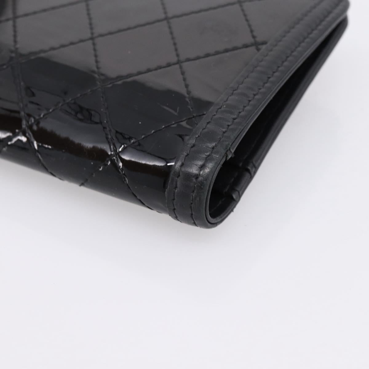 CHANEL Matelasse Long Wallet Patent Leather Black Silver CC Auth 204635