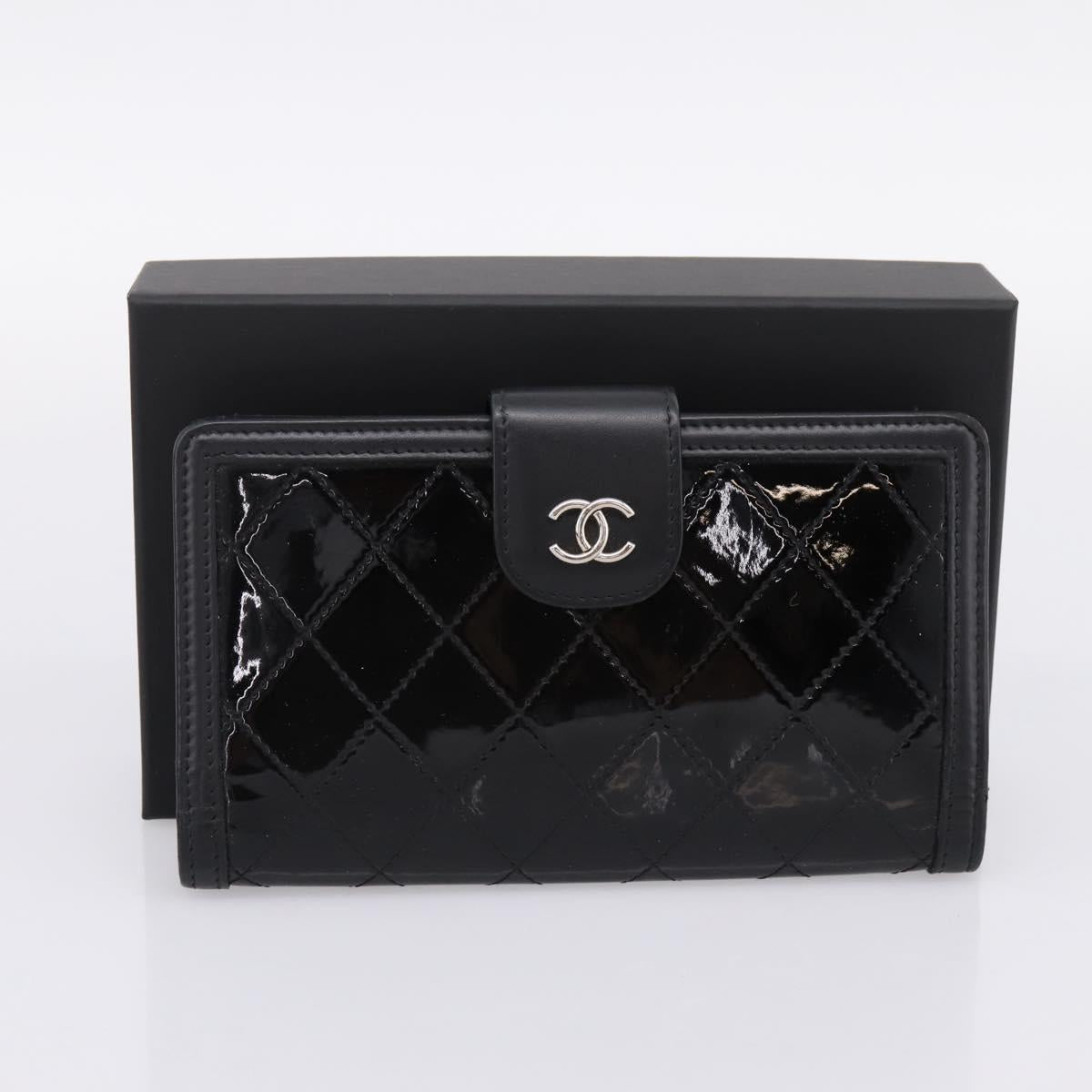 CHANEL Matelasse Long Wallet Patent Leather Black Silver CC Auth 204635