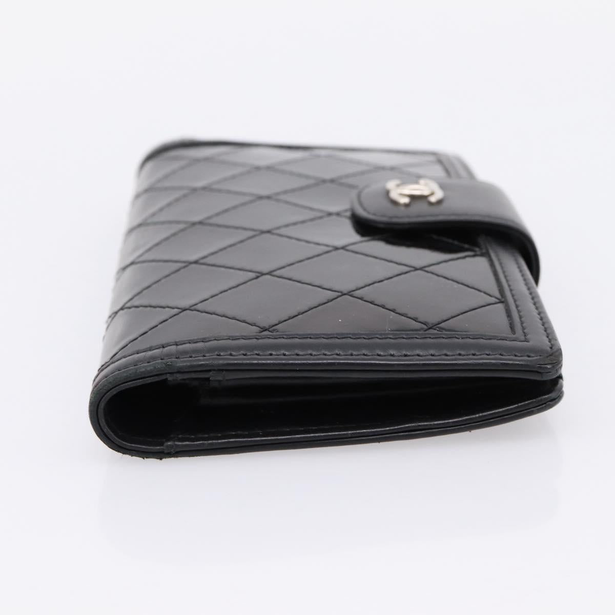 CHANEL Matelasse Long Wallet Patent Leather Black Silver CC Auth 204635