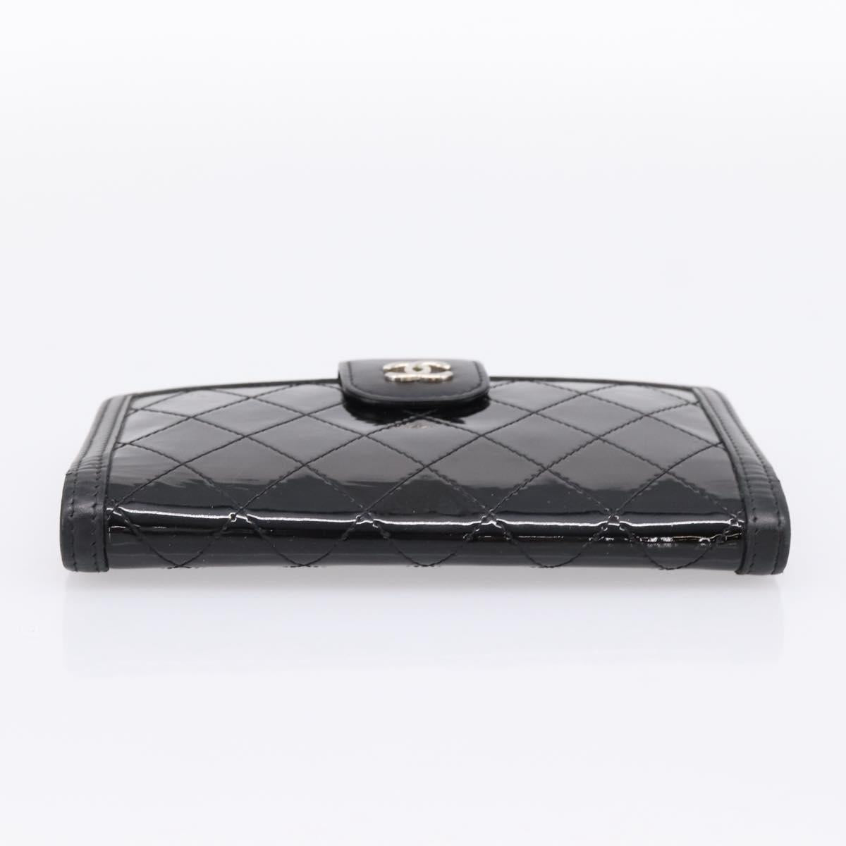 CHANEL Matelasse Long Wallet Patent Leather Black Silver CC Auth 204635