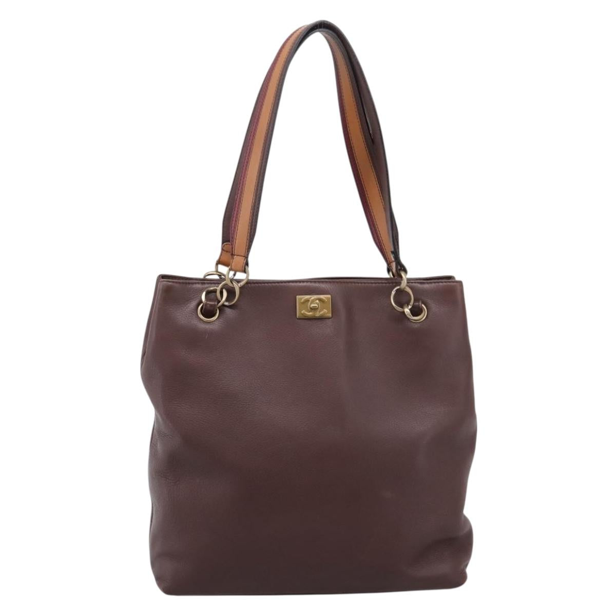 CHANEL Tote Bag Leather Brown Gold Tone CC Auth 204638V