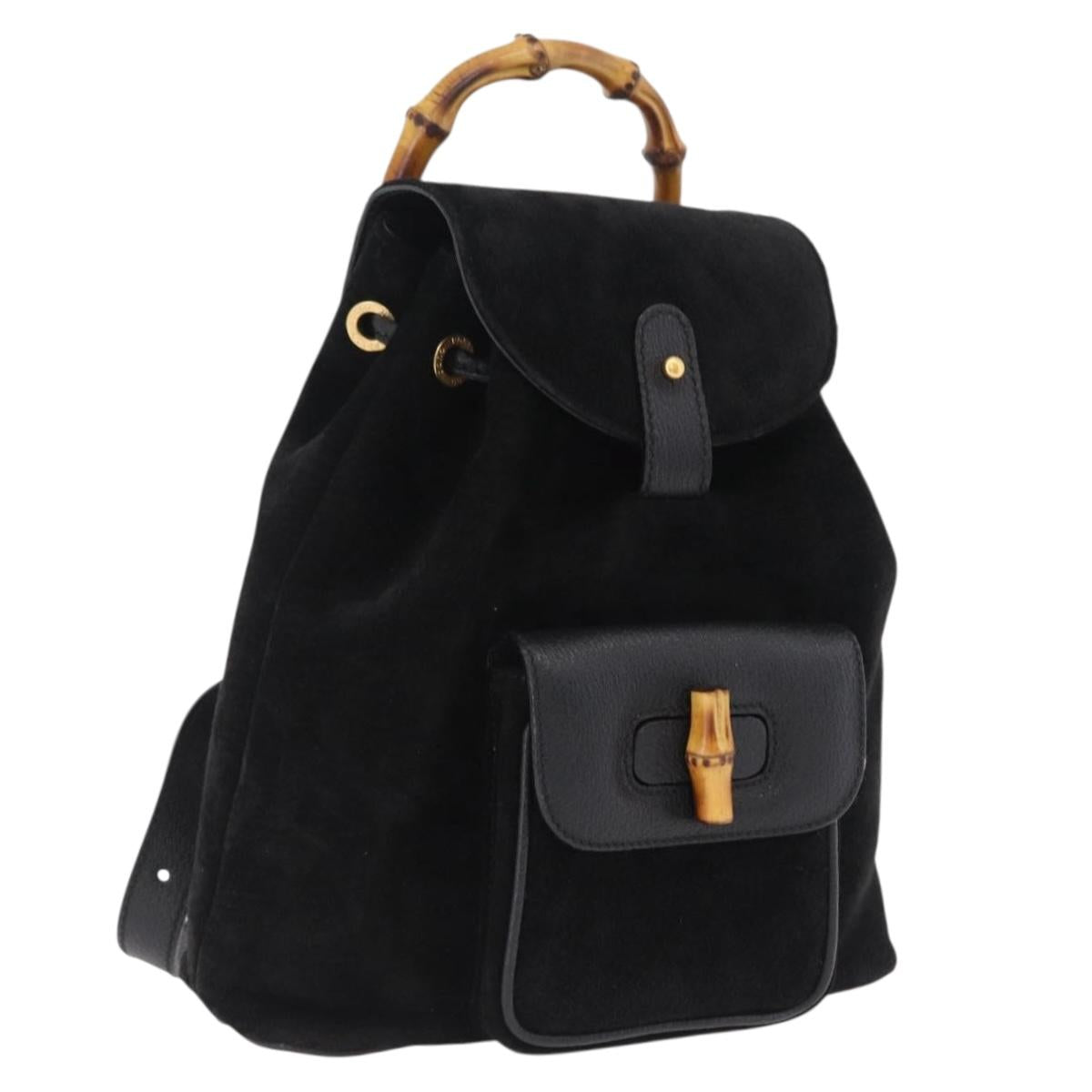 GUCCI Bamboo Backpack Suede Black Gold Tone 003 1705 0030 Auth 204642A
