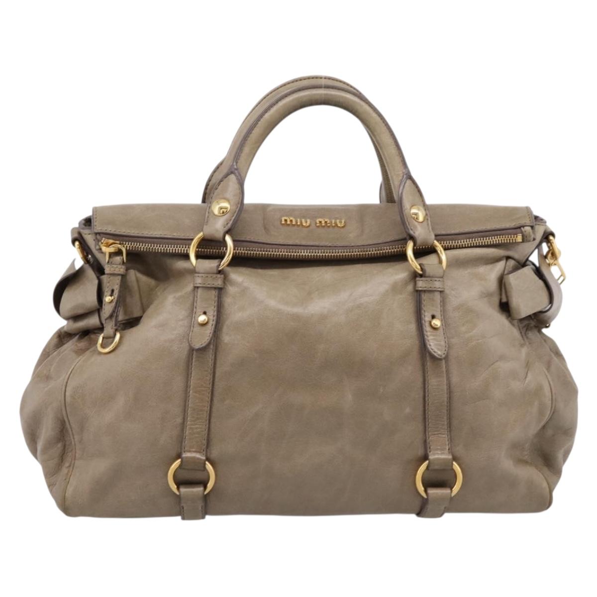 Miu Miu Vitellolux Hand Bag Leather 2way Beige Gold Tone Auth 204644V