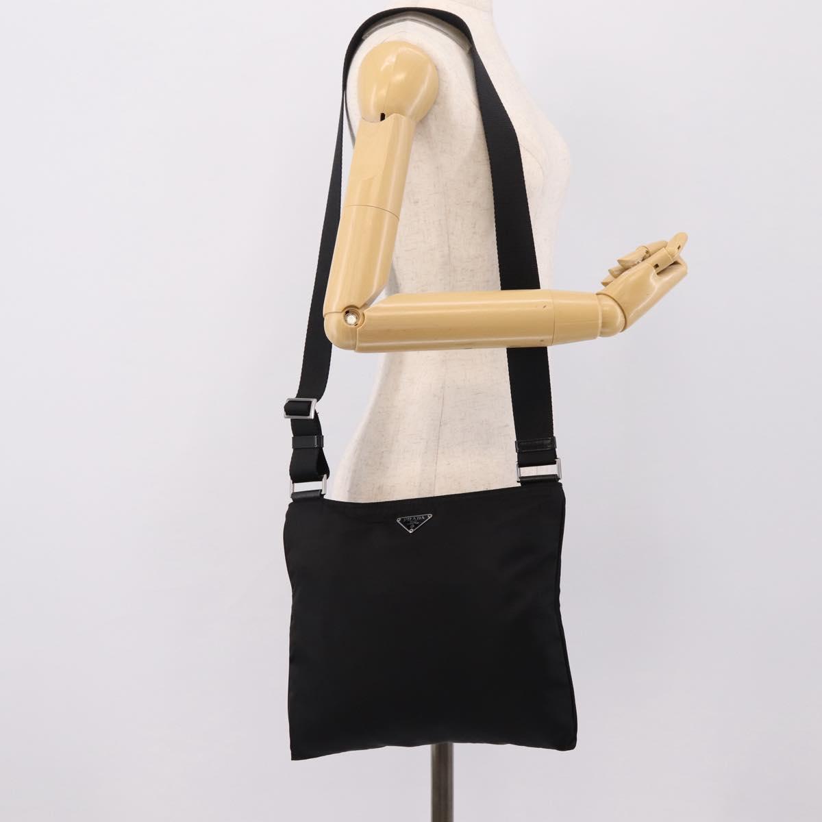 PRADA Shoulder Bag Nylon Black Silver Auth 204646A