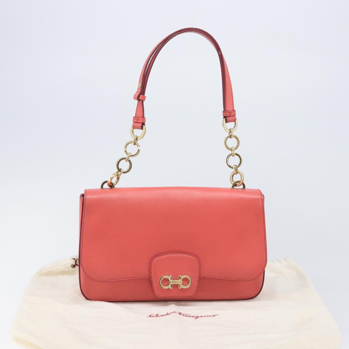 Salvatore Ferragamo Gancini Chain Shoulder Bag Leather Pink Gold Auth 204648A
