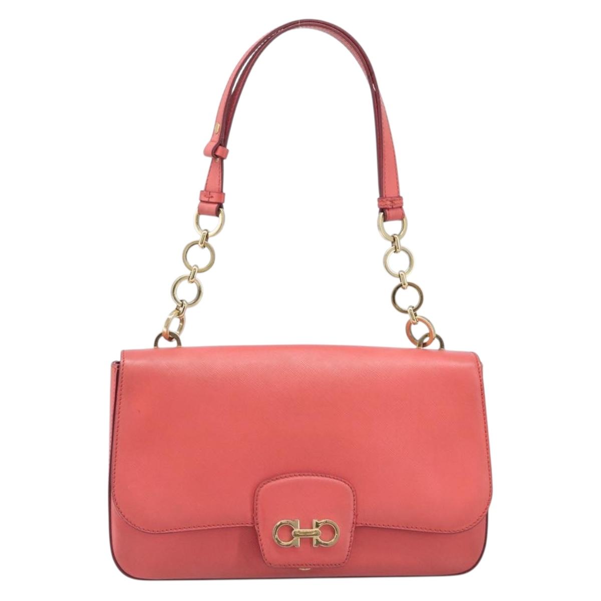 Salvatore Ferragamo Gancini Chain Shoulder Bag Leather Pink Gold Auth 204648A