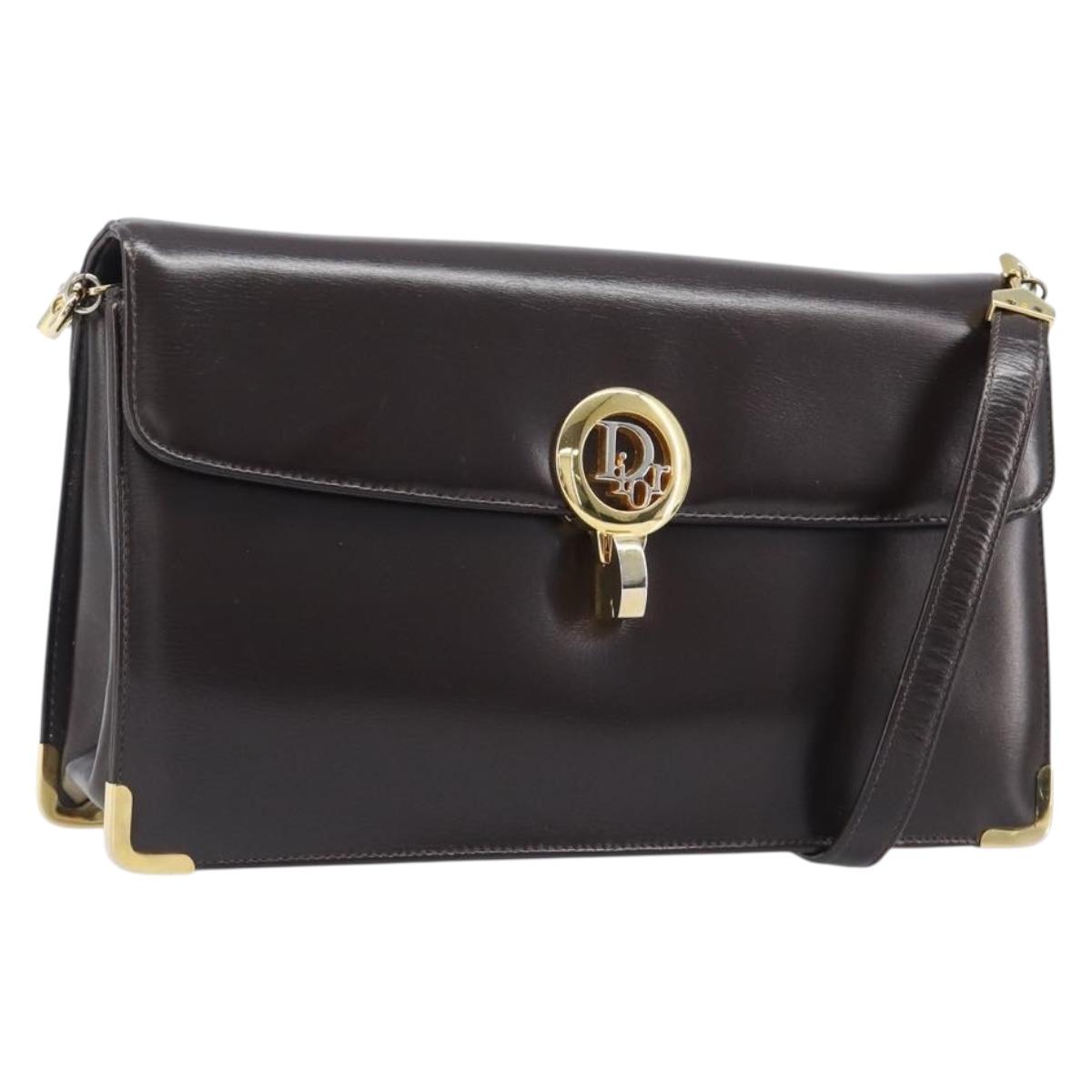 Christian Dior Shoulder Bag Calf Skin Brown Gold Tone Auth 204651A