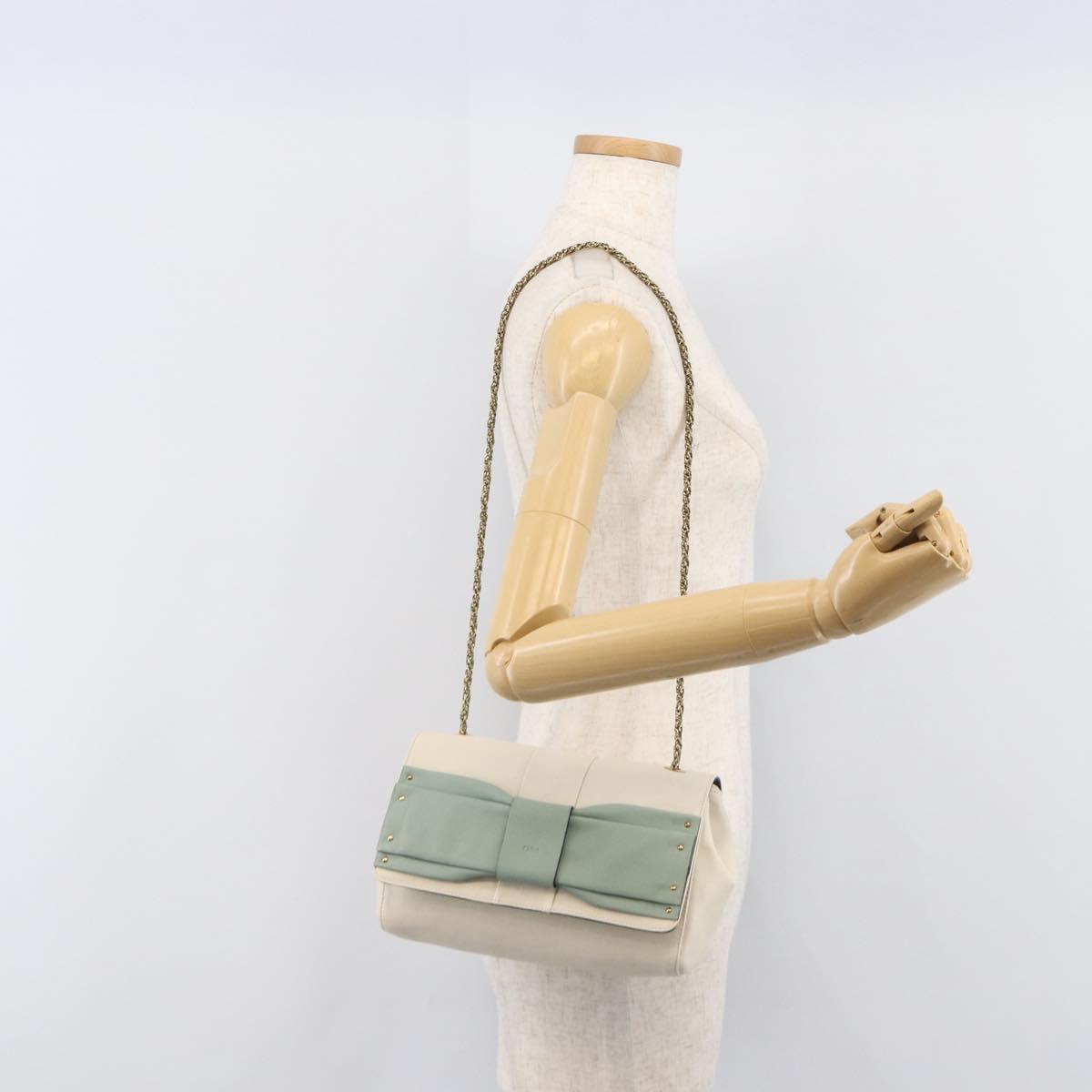 Chloe June Chain Shoulder Bag Leather White Gold Tone Auth 204652A