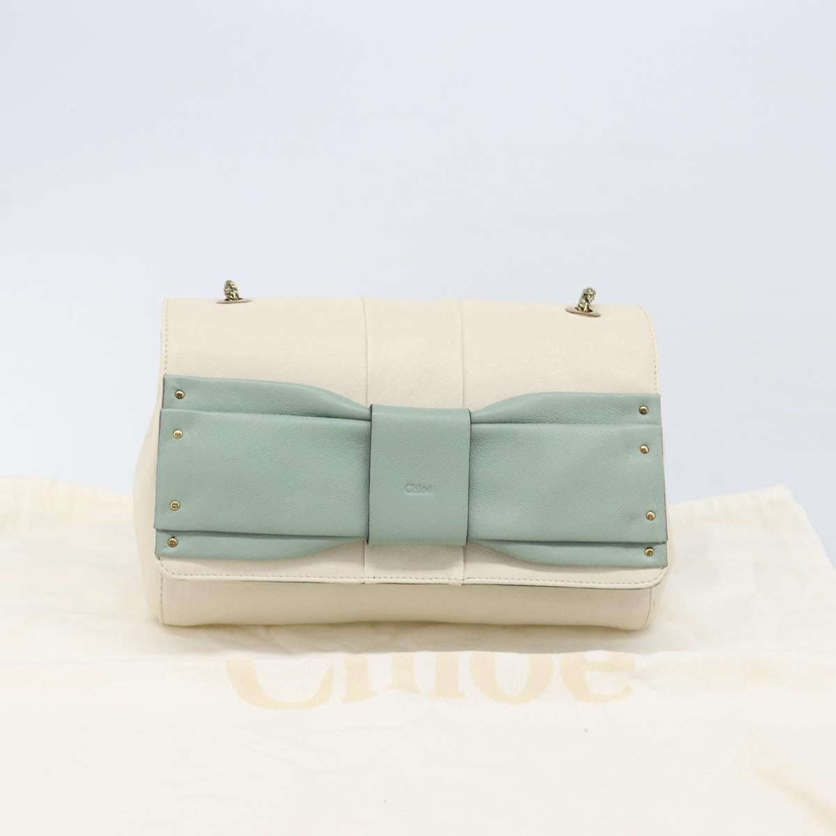 Chloe June Chain Shoulder Bag Leather White Gold Tone Auth 204652A