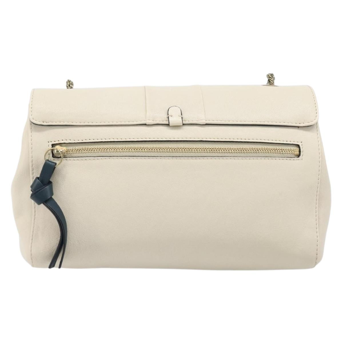 Chloe June Chain Shoulder Bag Leather White Gold Tone Auth 204652A