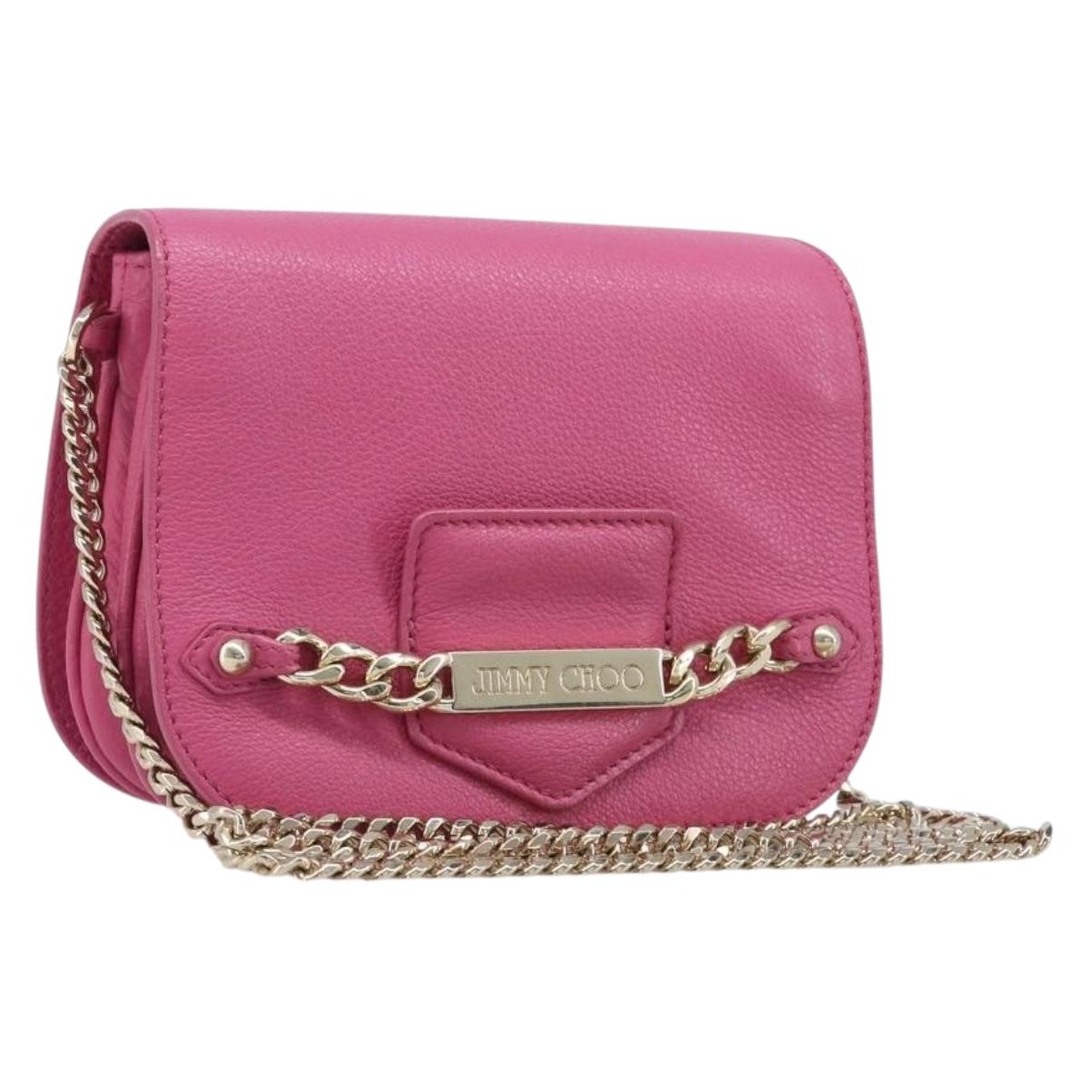 Jimmy Choo Chain Shoulder Bag Leather Pink Gold Tone Auth 204657A