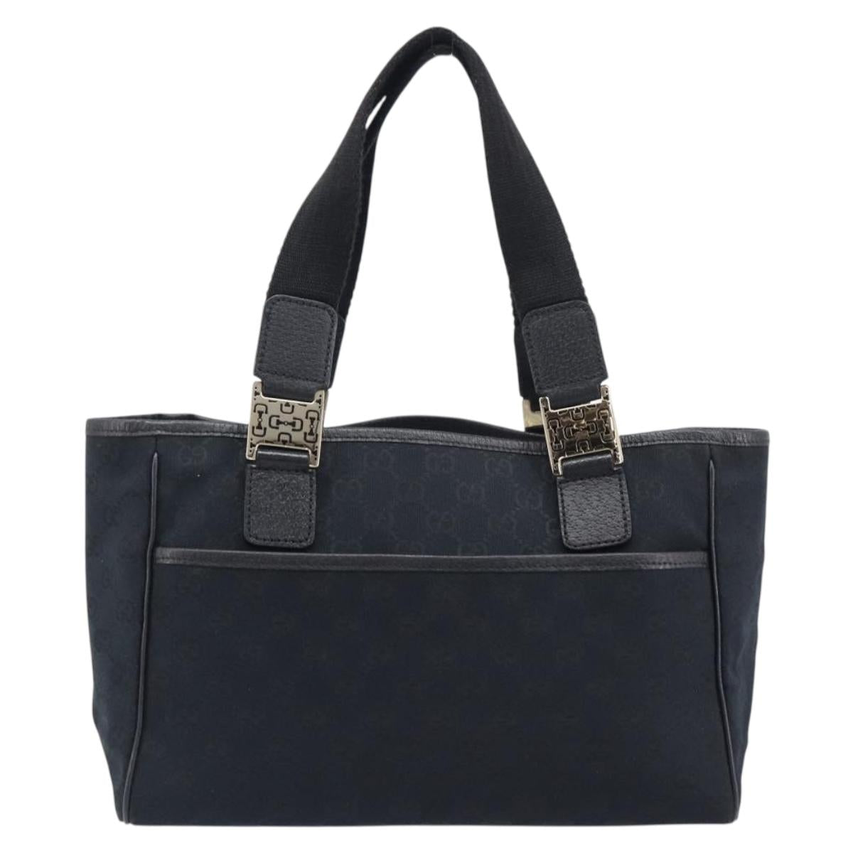 GUCCI GG Canvas Hand Bag Black Gold Tone 145810 Auth 204666V
