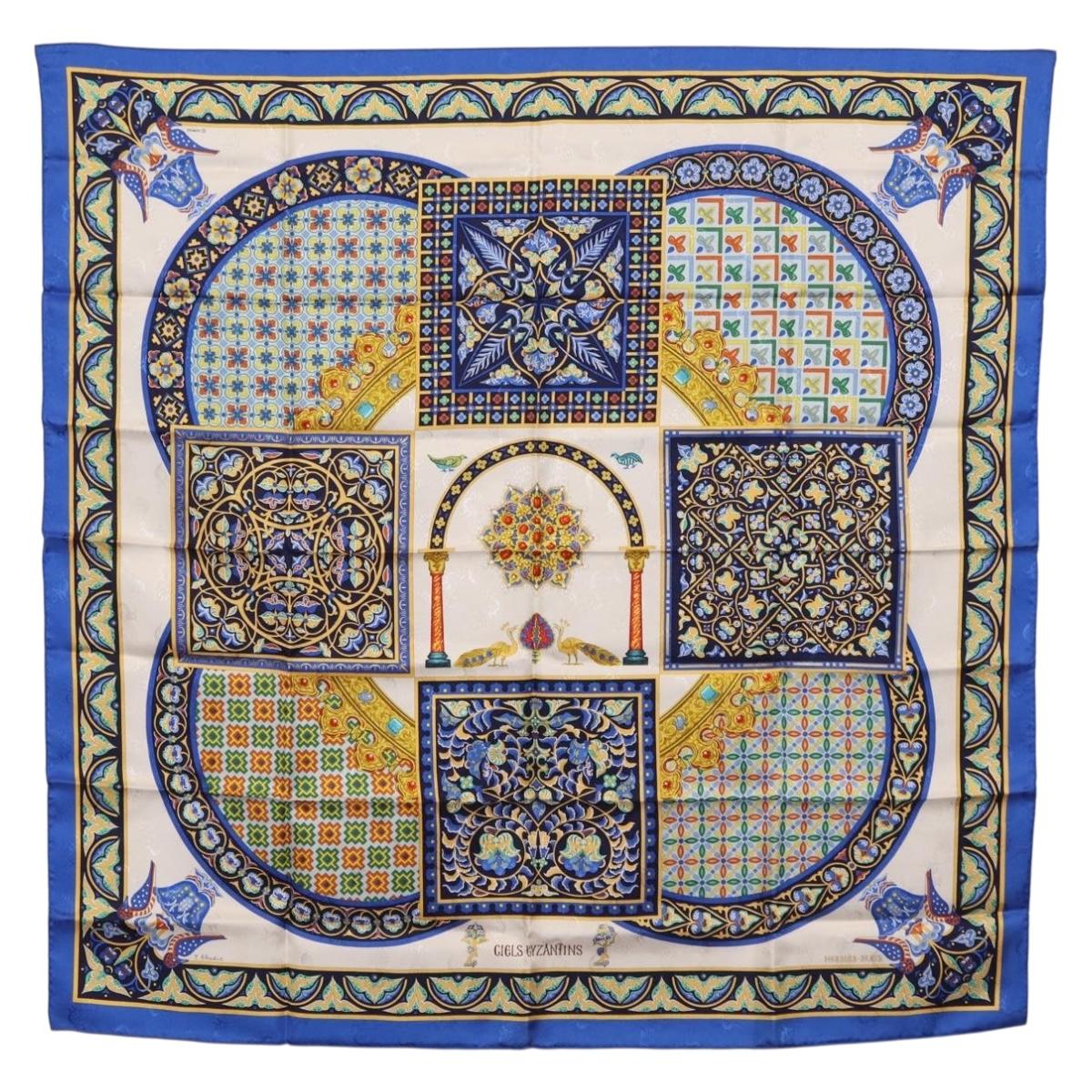 HERMES Carre90 Scarf Silk ""CIELS BYZANTINS"" Blue Auth 204698M