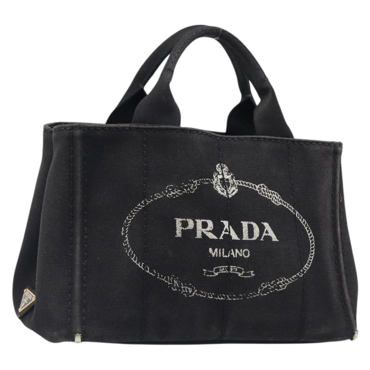 PRADA Canapa PM Hand Bag Canvas Black Gold Tone Auth 204699