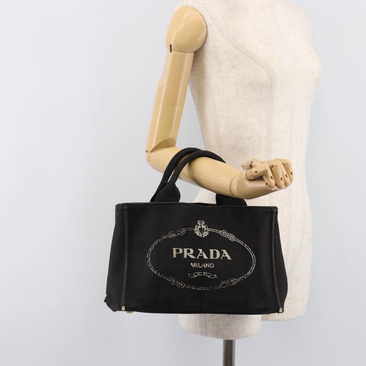 PRADA Canapa PM Hand Bag Canvas Black Gold Tone Auth 204699