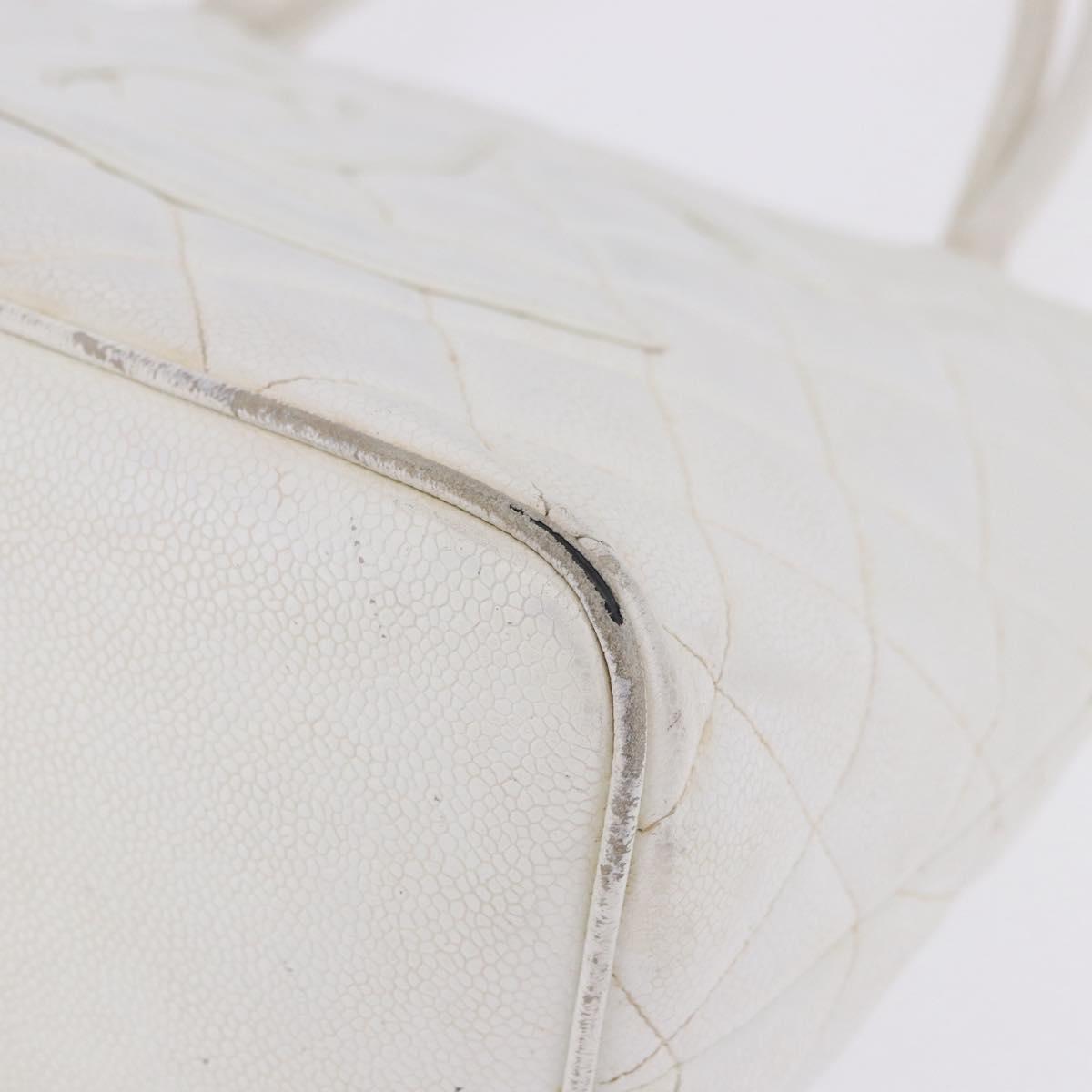 CHANEL Tote Bag Caviar Skin Standard White Silver CC Auth 204728