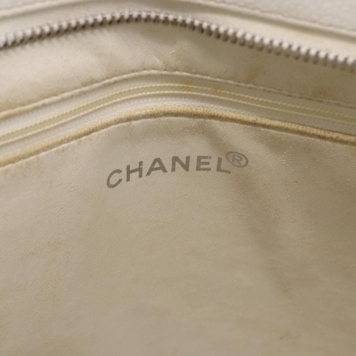 CHANEL Tote Bag Caviar Skin Standard White Silver CC Auth 204728