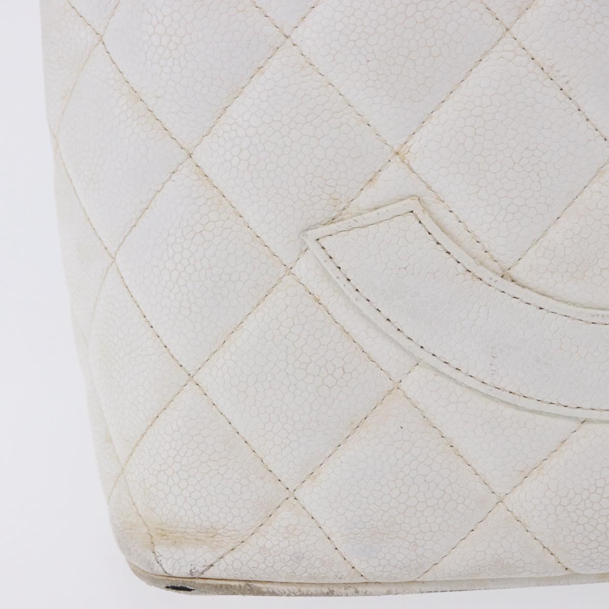 CHANEL Tote Bag Caviar Skin Standard White Silver CC Auth 204728