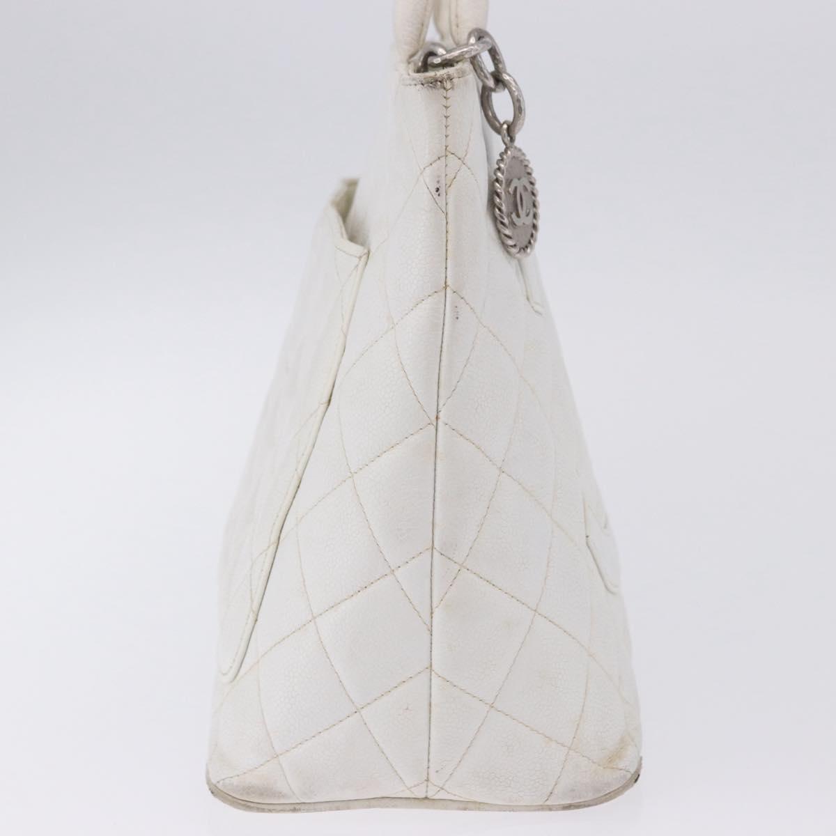 CHANEL Tote Bag Caviar Skin Standard White Silver CC Auth 204728