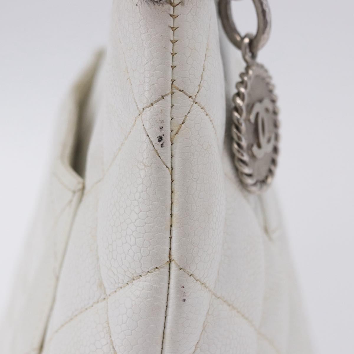 CHANEL Tote Bag Caviar Skin Standard White Silver CC Auth 204728