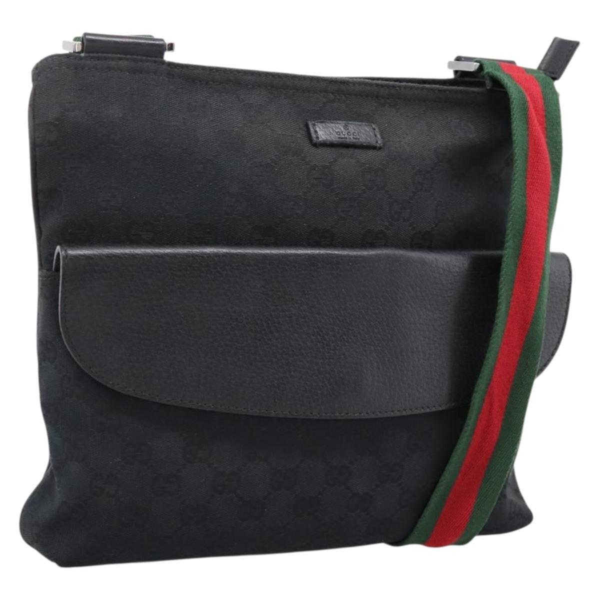 GUCCI GG Canvas Web Sherry Line Shoulder Bag Black Silver 256100 Auth 204737A