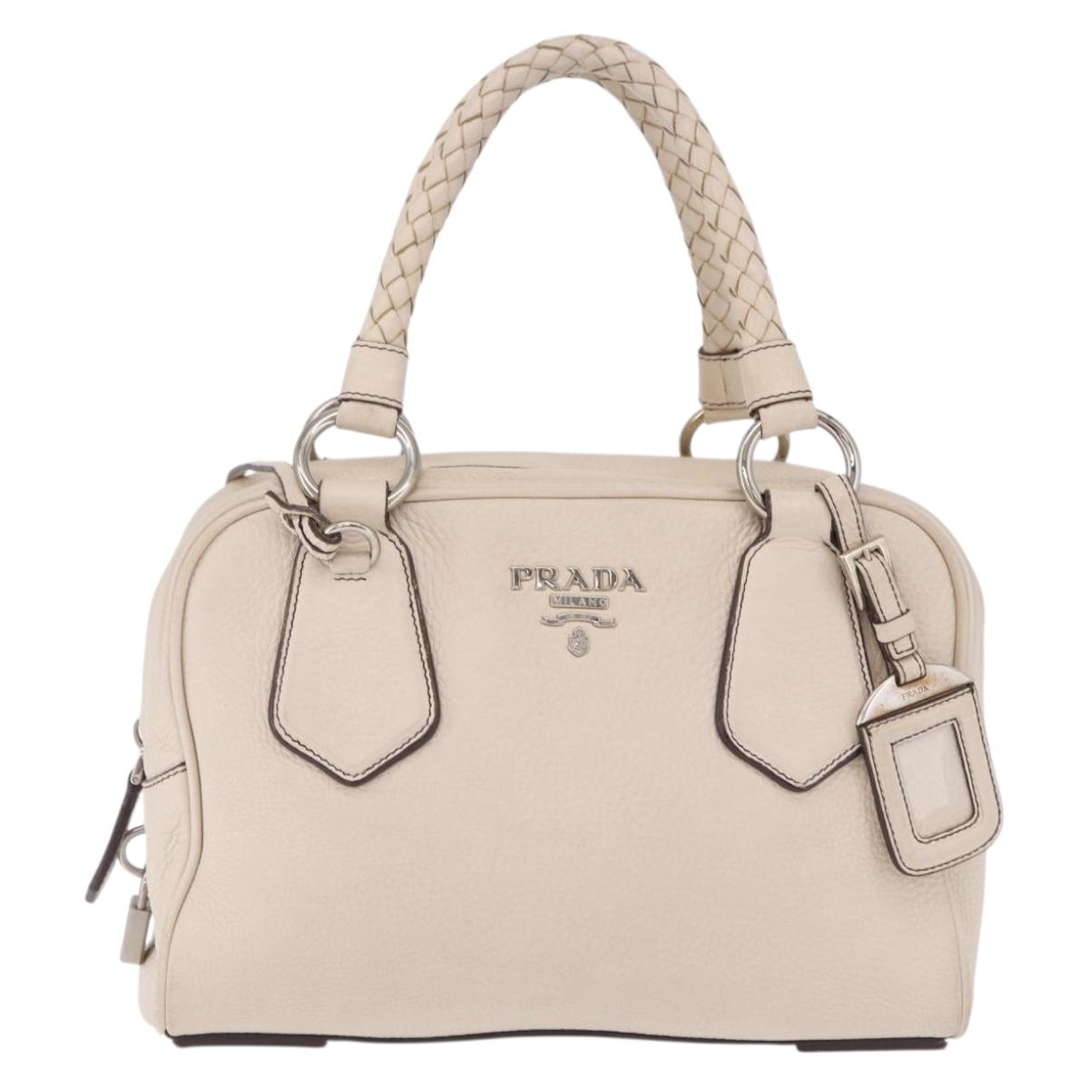 PRADA Hand Bag Leather White Silver Auth 204740A