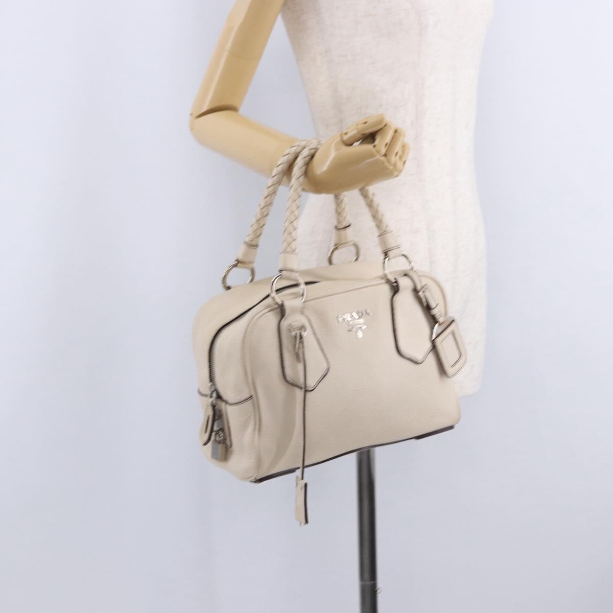 PRADA Hand Bag Leather White Silver Auth 204740A