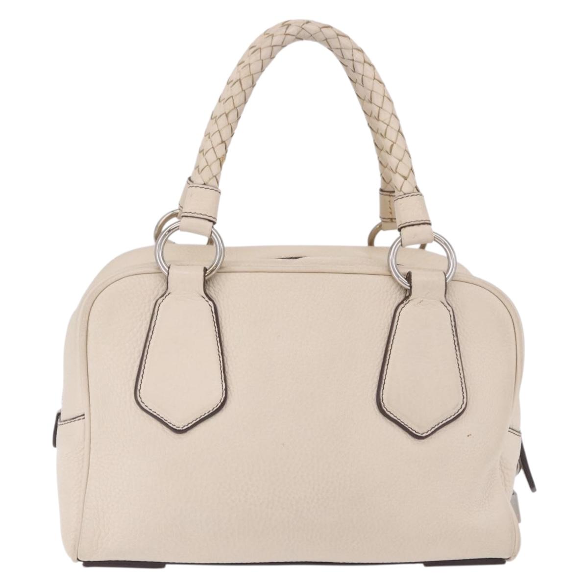 PRADA Hand Bag Leather White Silver Auth 204740A