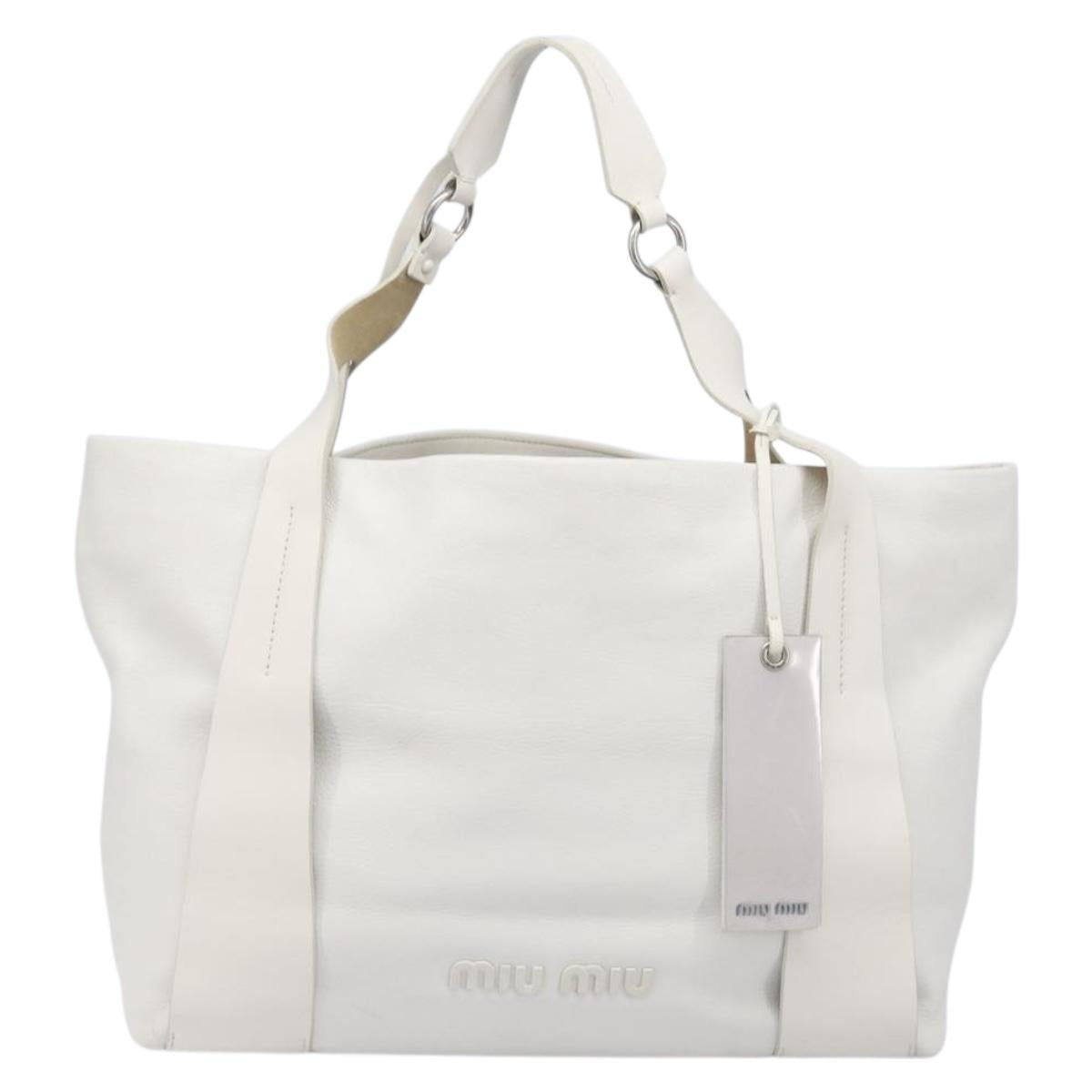 Miu Miu Tote Bag Leather White Silver Auth 204751A