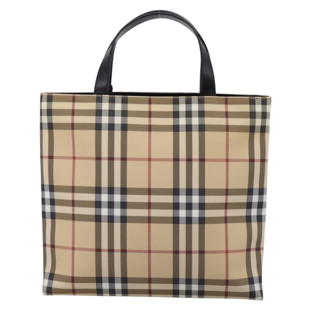 BURBERRY Nova Check Hand Bag PVC Beige Silver Auth 204754
