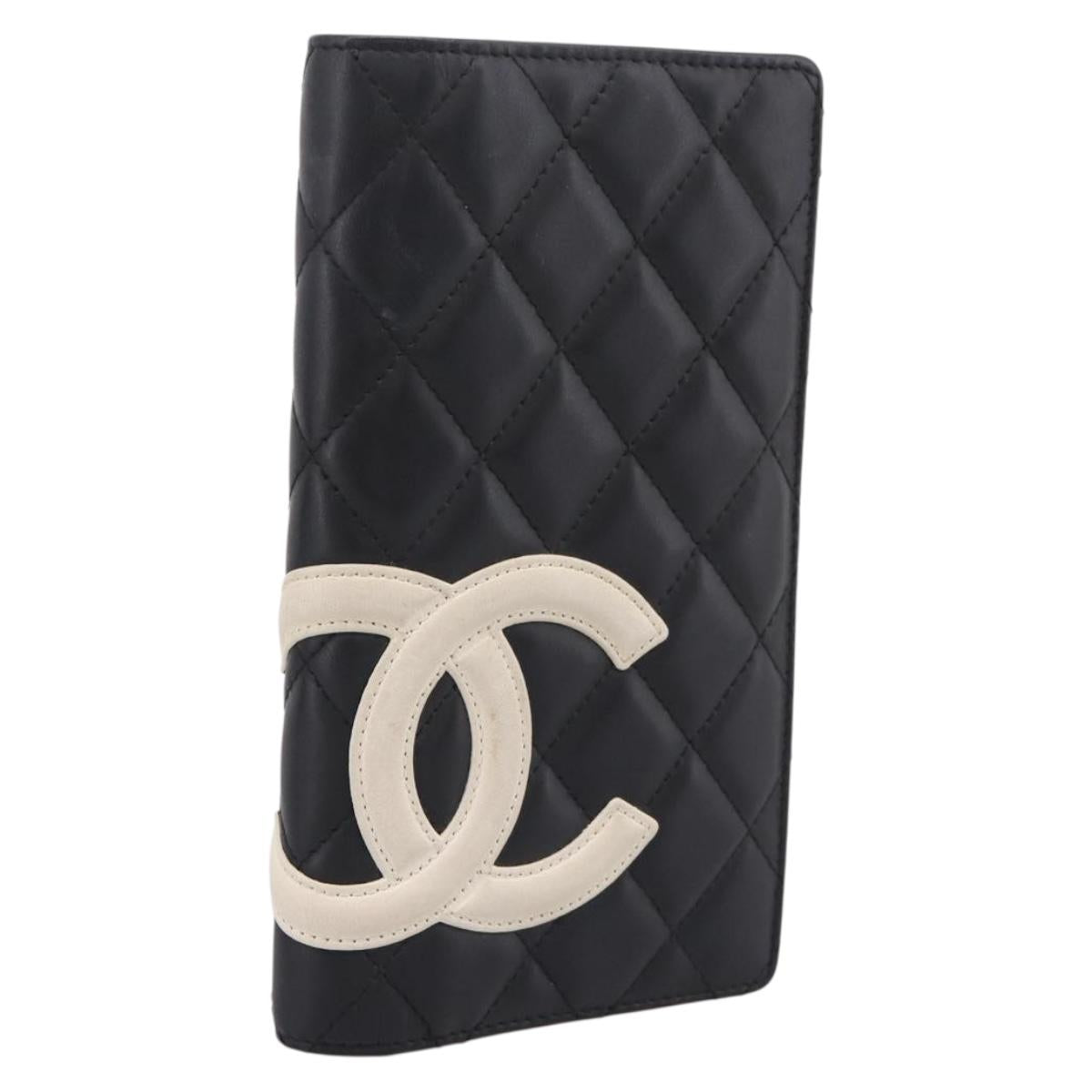 CHANEL Cambon Line Matelasse Wallet Leather Black Silver CC Auth 204762