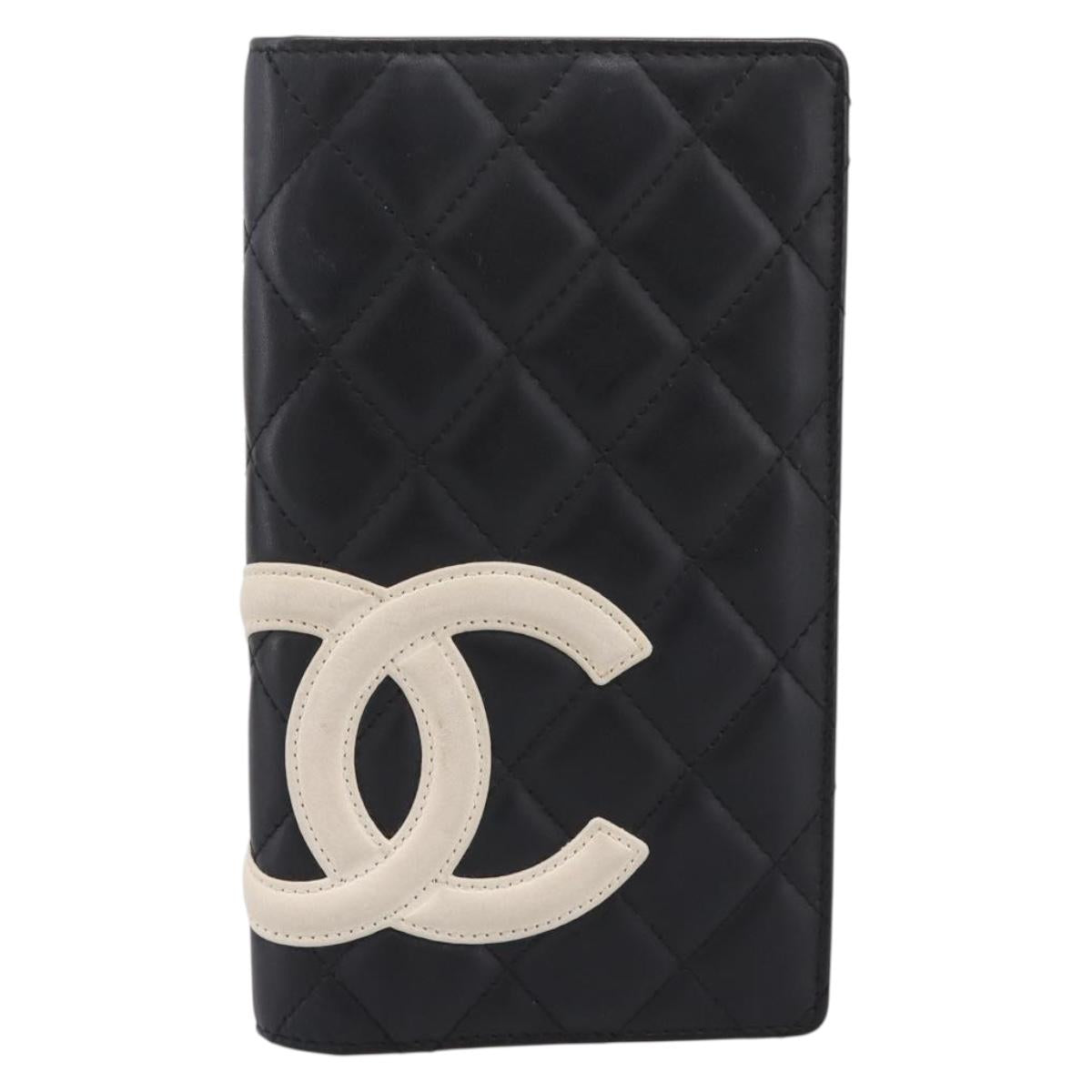 CHANEL Cambon Line Matelasse Wallet Leather Black Silver CC Auth 204762