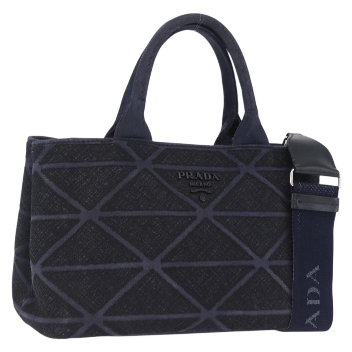 PRADA Canapa Triangle Hand Bag Canvas 2way Navy Silver Auth 204765M