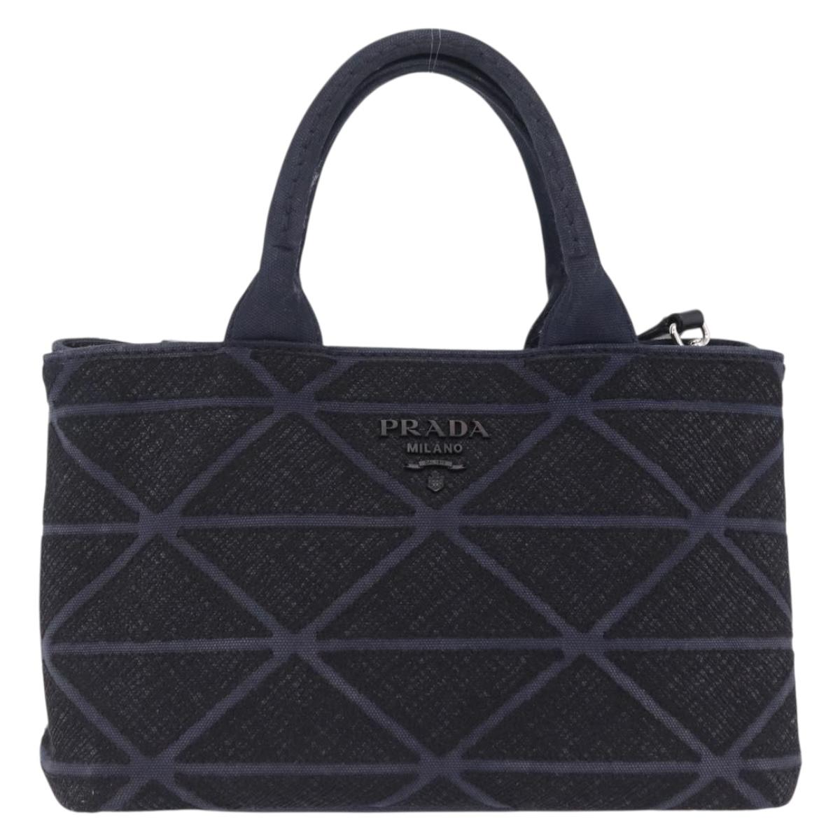 PRADA Canapa Triangle Hand Bag Canvas 2way Navy Silver Auth 204765M