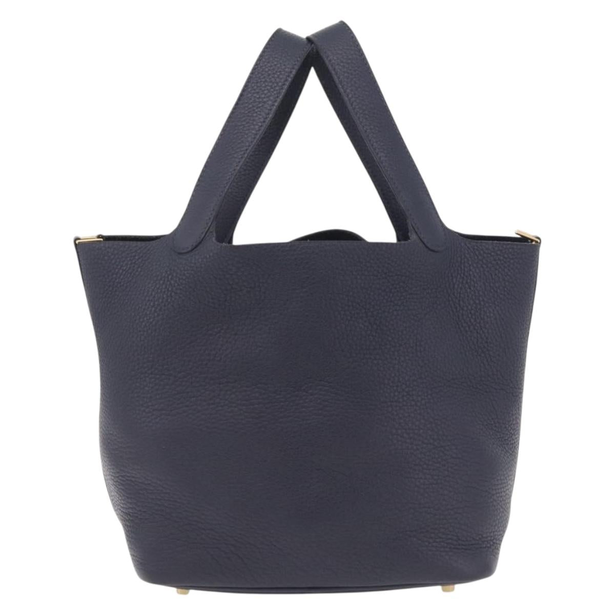 HERMES Picotan Lock MM Hand Bag Taurillon Leather Navy Gold Auth 204768SM