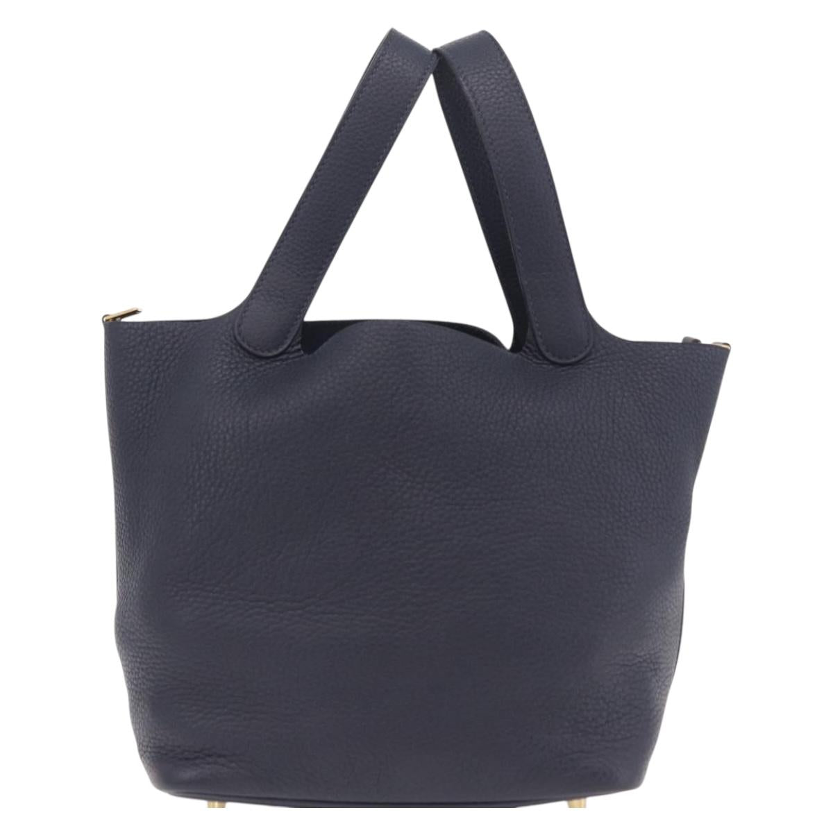 HERMES Picotan Lock MM Hand Bag Taurillon Leather Navy Gold Auth 204768SM