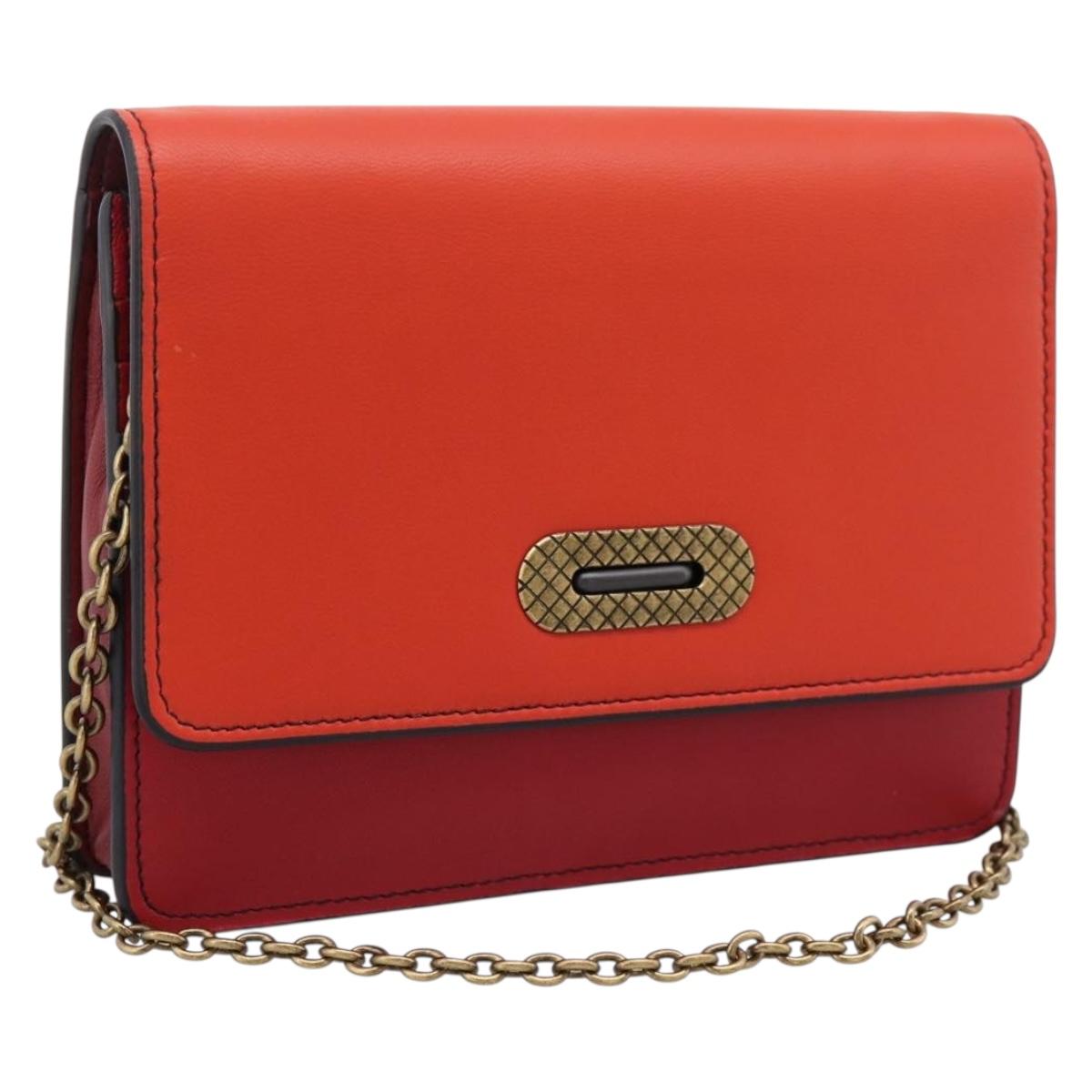 Bottega Veneta Chain Shoulder Wallet Leather Orange Gold Auth 204771V
