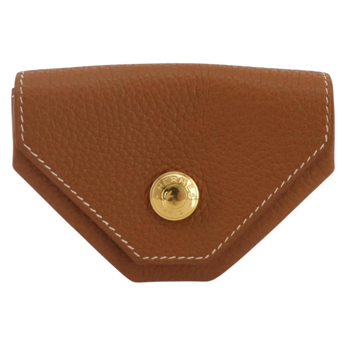 HERMES Revan Cattle Coin Purse Leather Brown Gold Auth 204773M