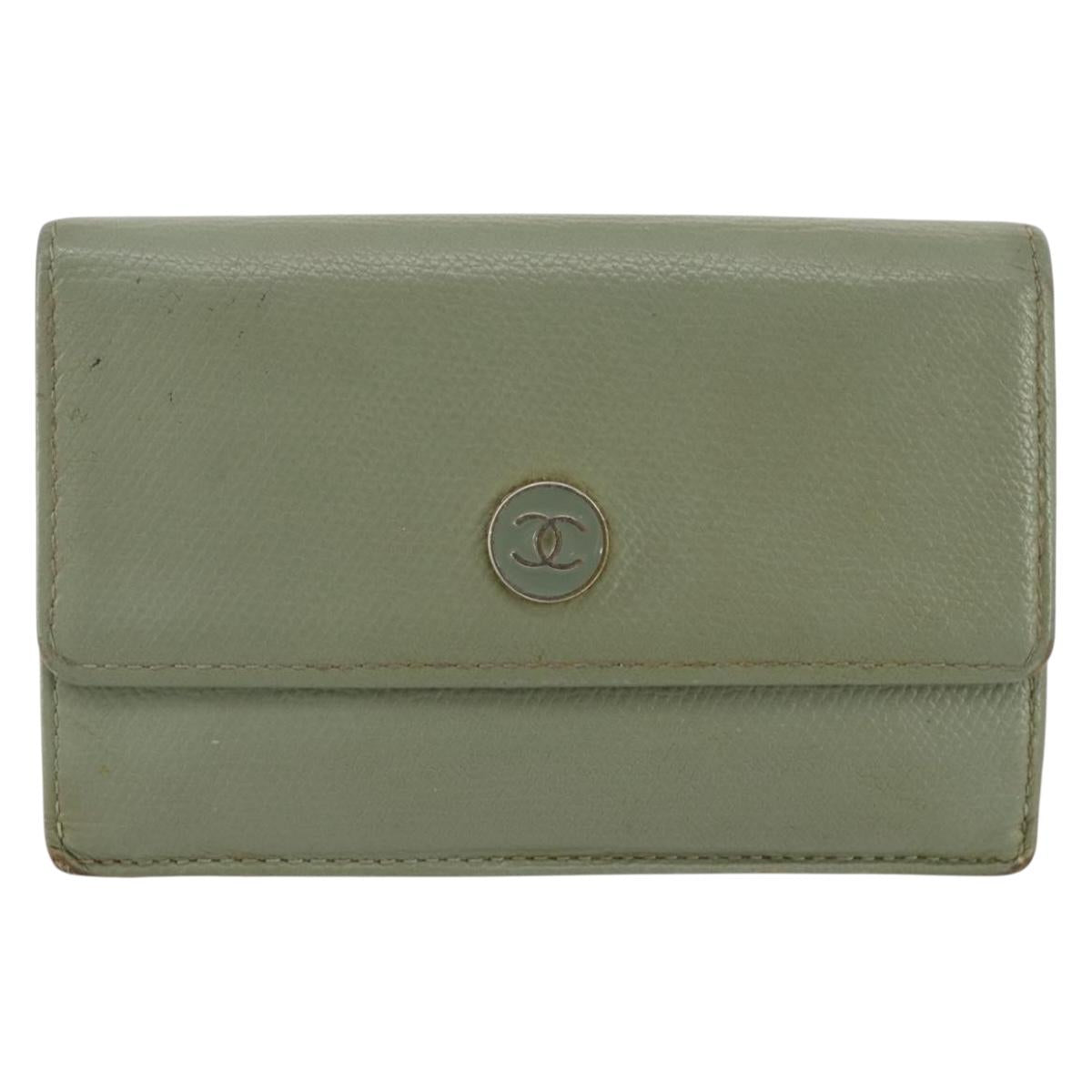 CHANEL Card Case Leather Green Gold CC Auth 204781