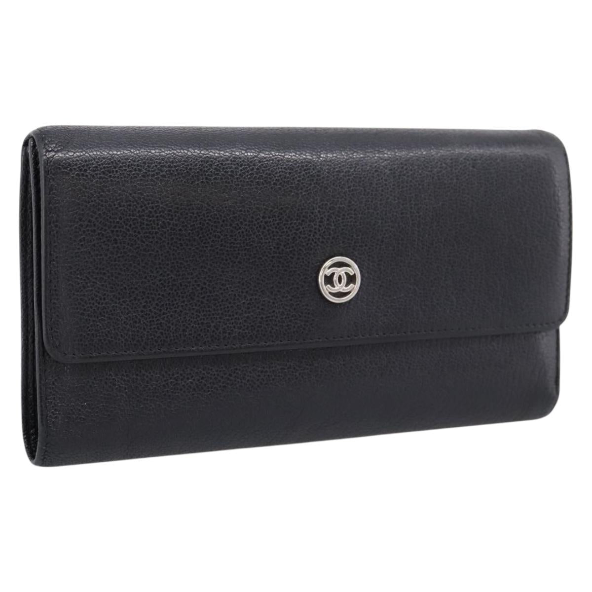 CHANEL Long Wallet Leather Black Silver CC Auth 204783