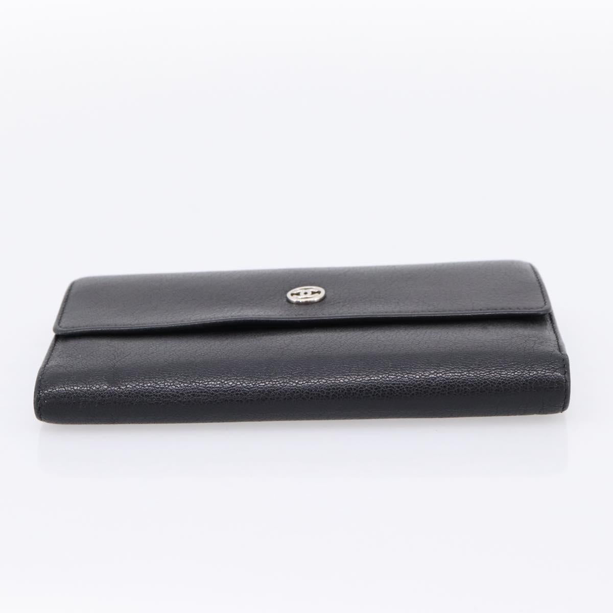 CHANEL Long Wallet Leather Black Silver CC Auth 204783