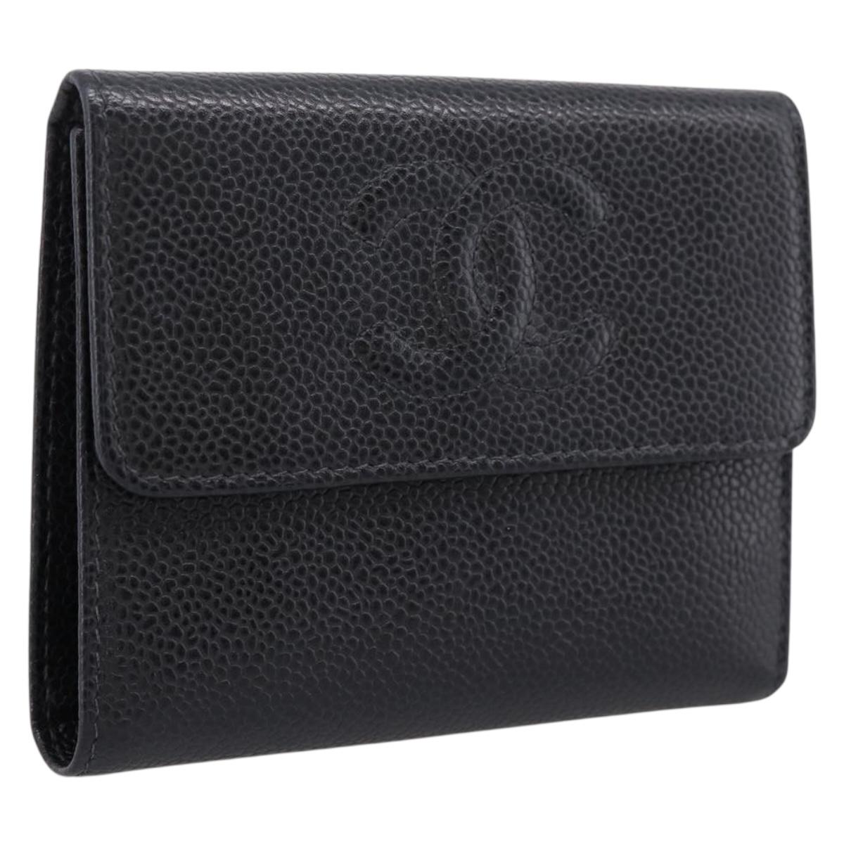 CHANEL Matelasse Wallet Caviar Skin Black Gold CC Auth 204790V