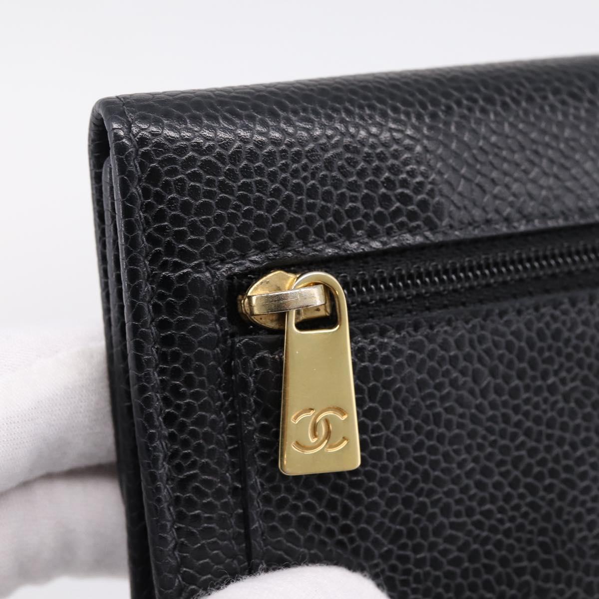 CHANEL Matelasse Wallet Caviar Skin Black Gold CC Auth 204790V