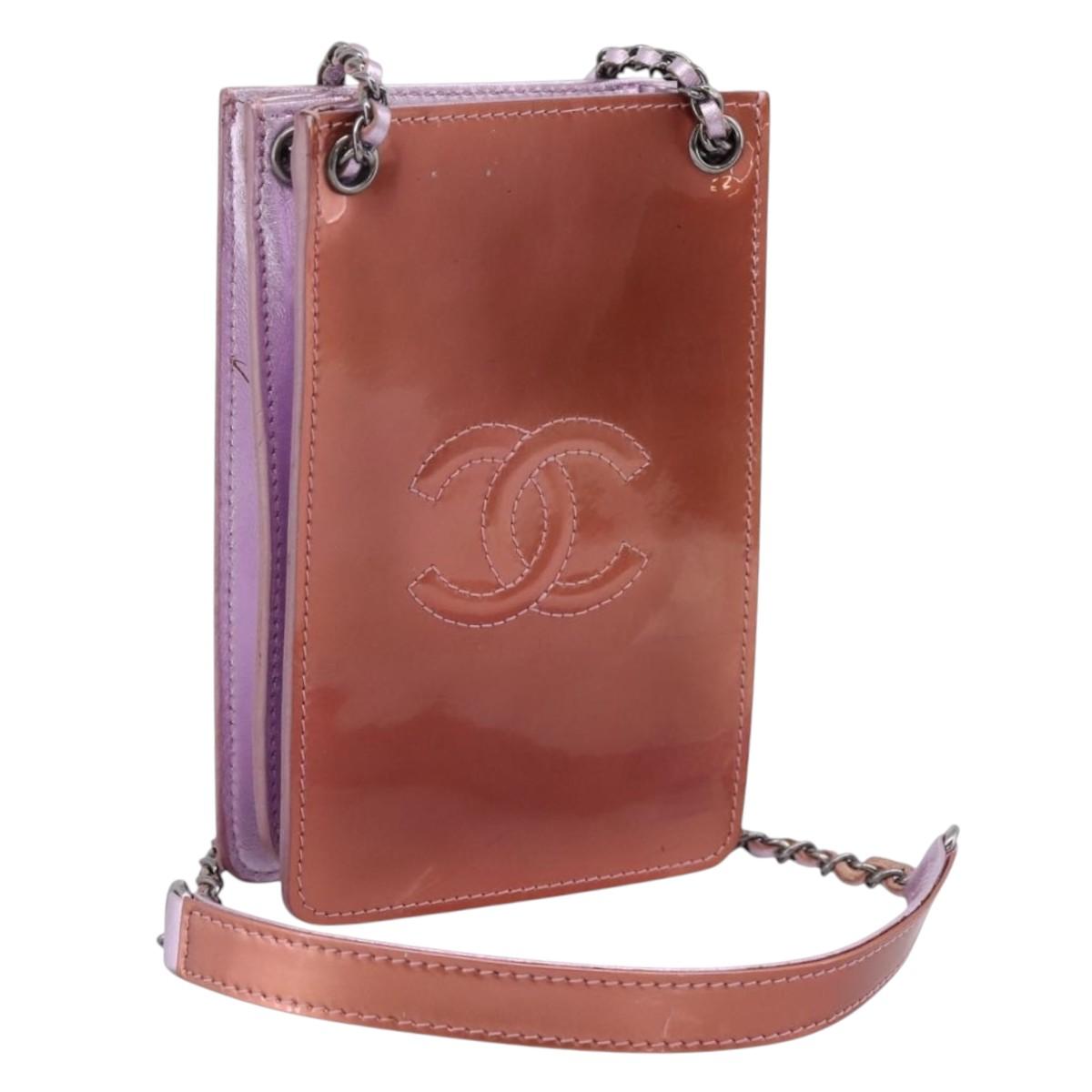 CHANEL Matelasse Chain Shoulder Pouch Patent leather Pink Silver CC Auth 204798M