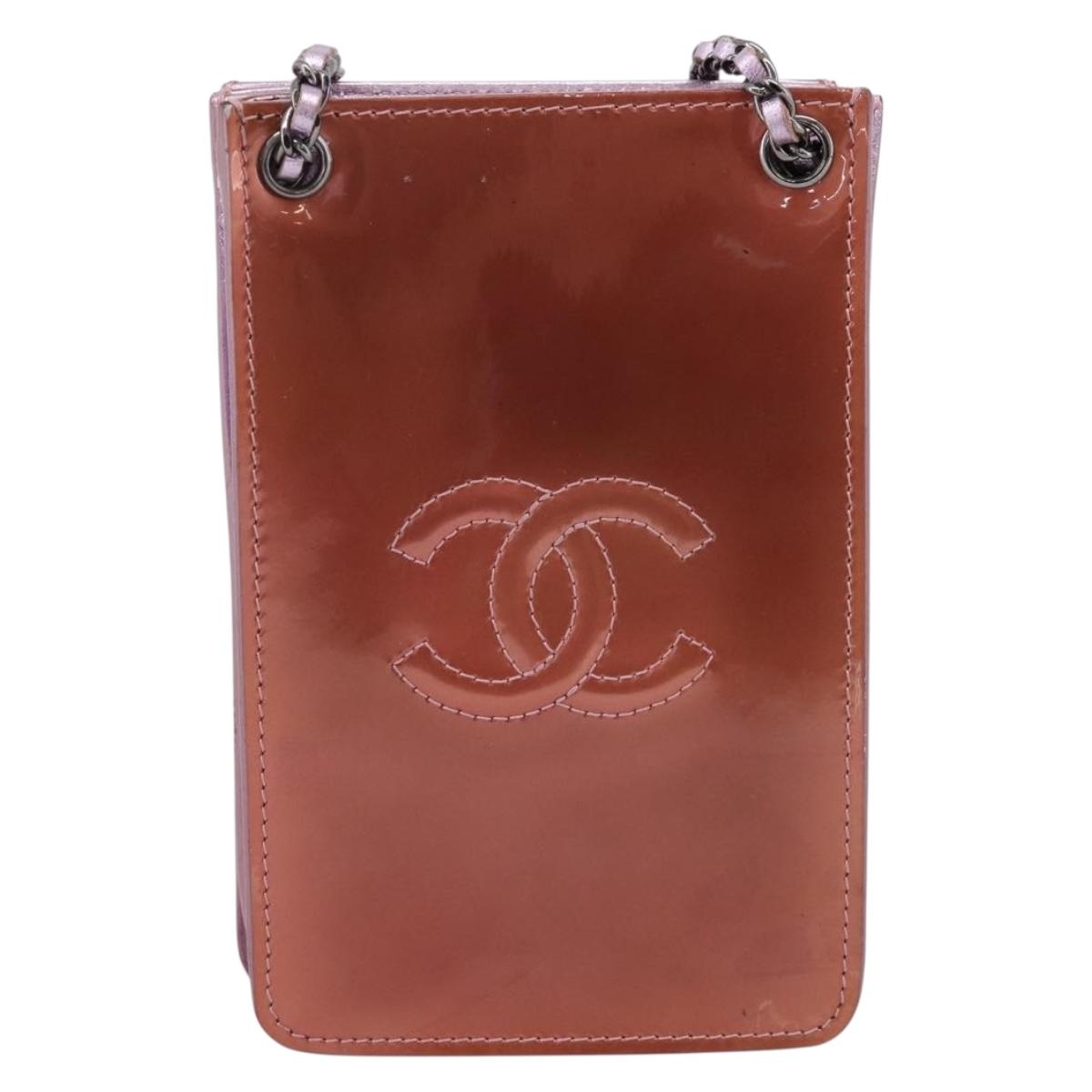 CHANEL Matelasse Chain Shoulder Pouch Patent leather Pink Silver CC Auth 204798M