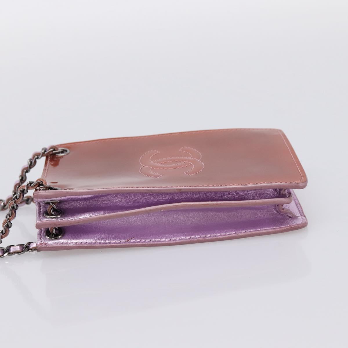 CHANEL Matelasse Chain Shoulder Pouch Patent leather Pink Silver CC Auth 204798M