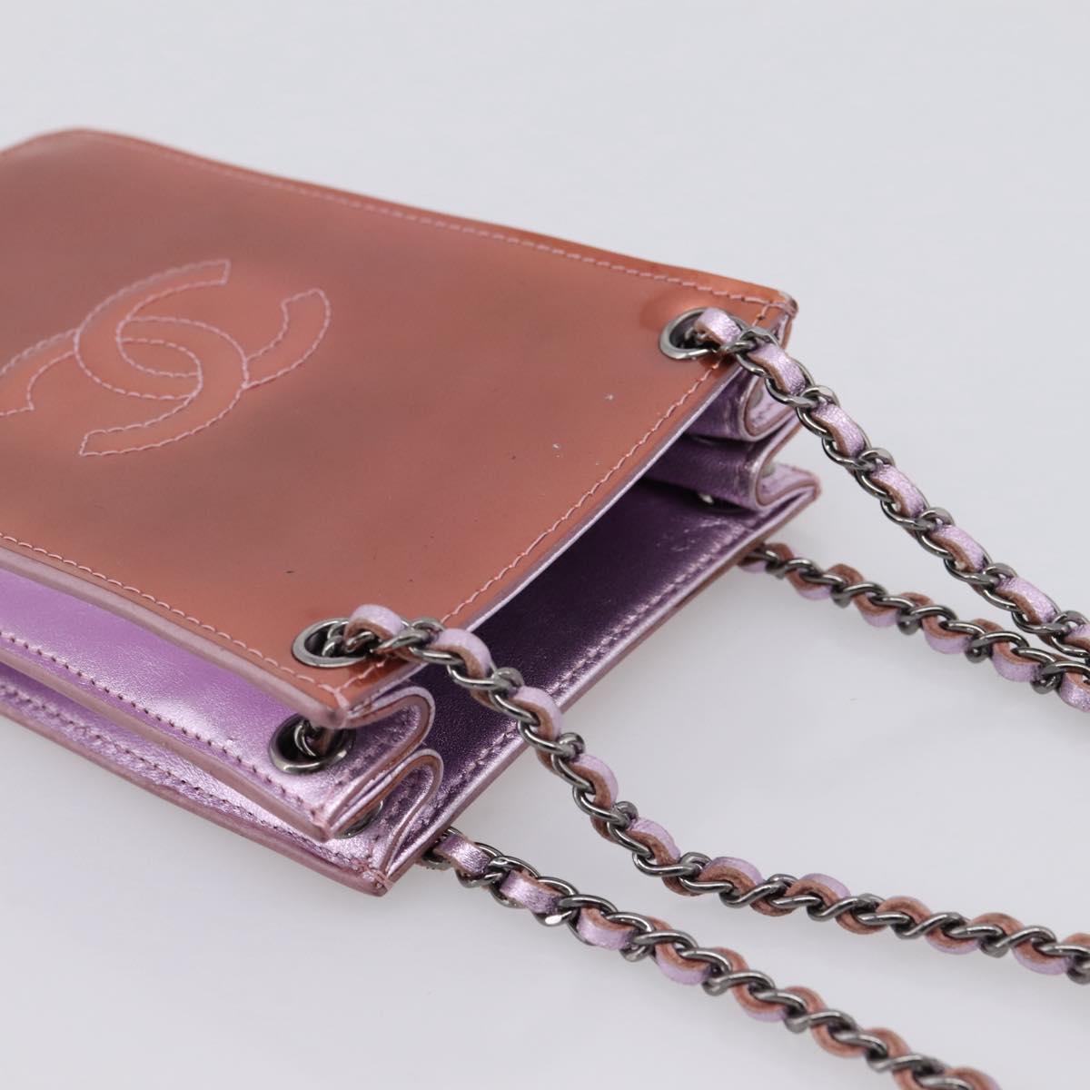 CHANEL Matelasse Chain Shoulder Pouch Patent leather Pink Silver CC Auth 204798M